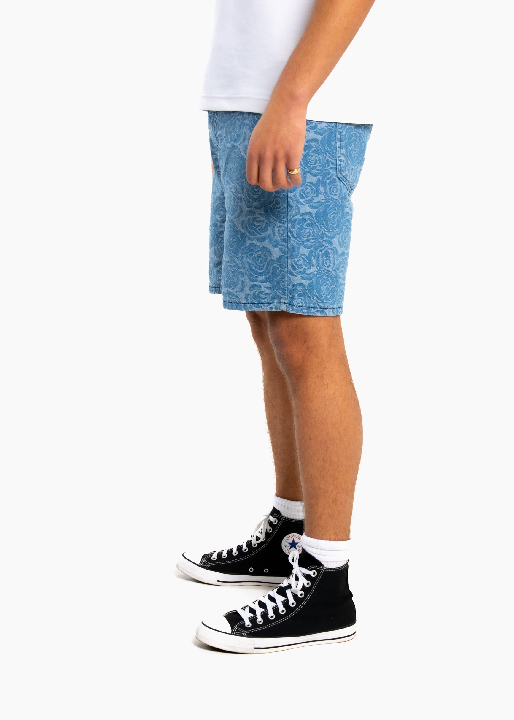 Oversized Floral Textured Jaqcuard Denim Shorts