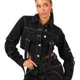 Black Contrast Stitch & Utility Pocket Cropped Denim Jacket