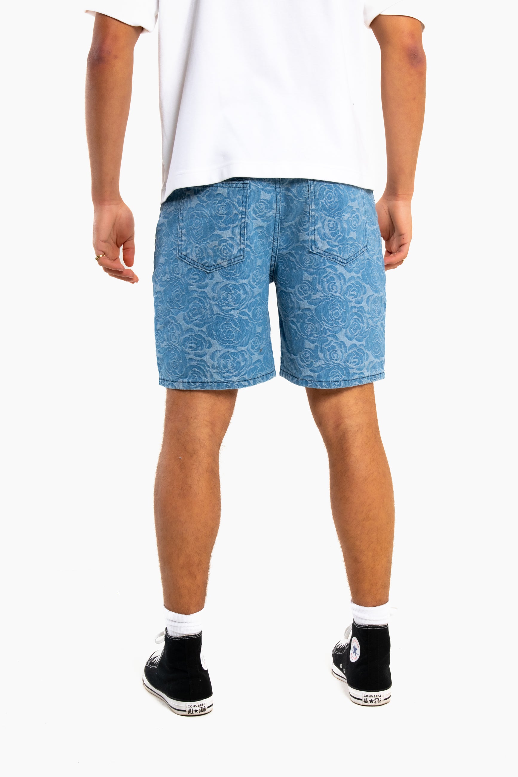 Oversized Floral Textured Jaqcuard Denim Shorts