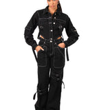 Black Contrast Stitch & Buckle Straight Leg Jeans