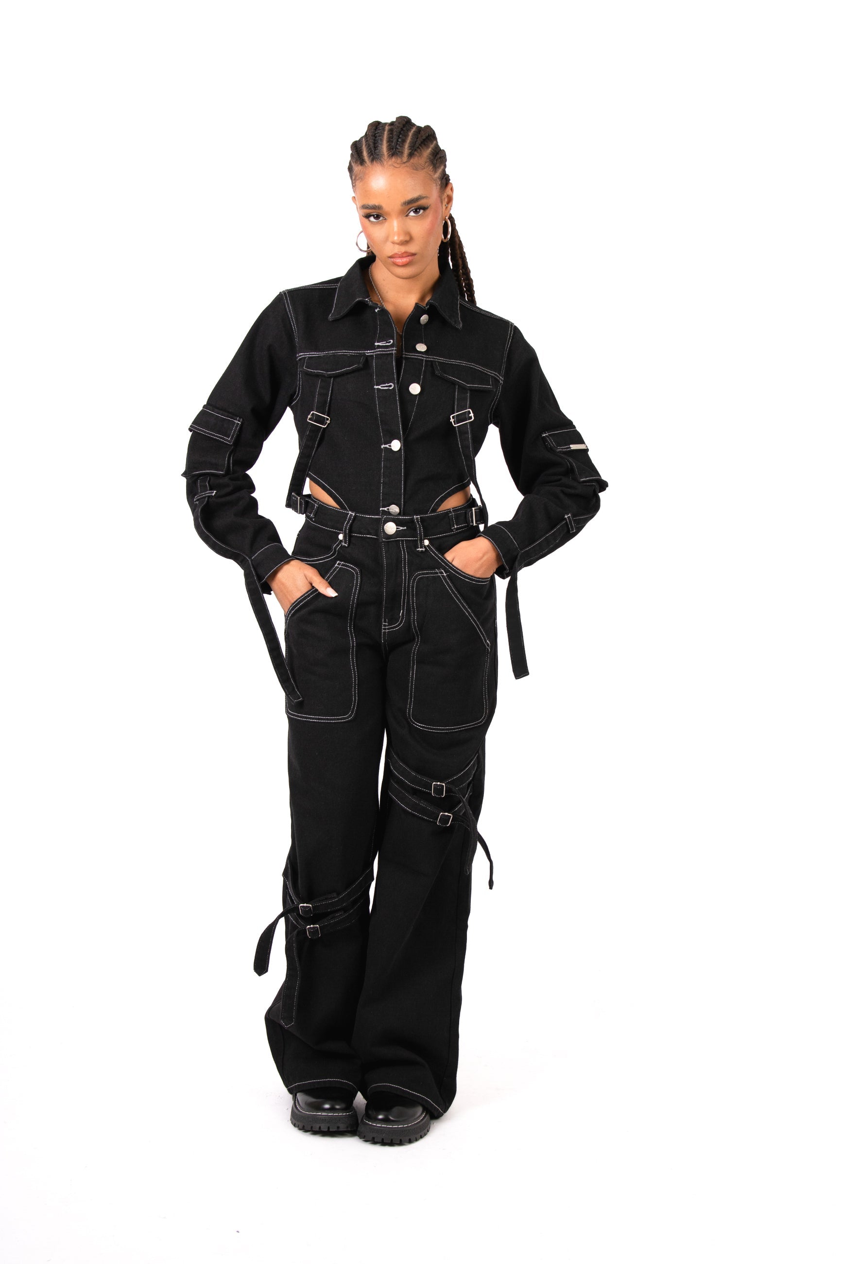 Black Contrast Stitch & Buckle Straight Leg Jeans