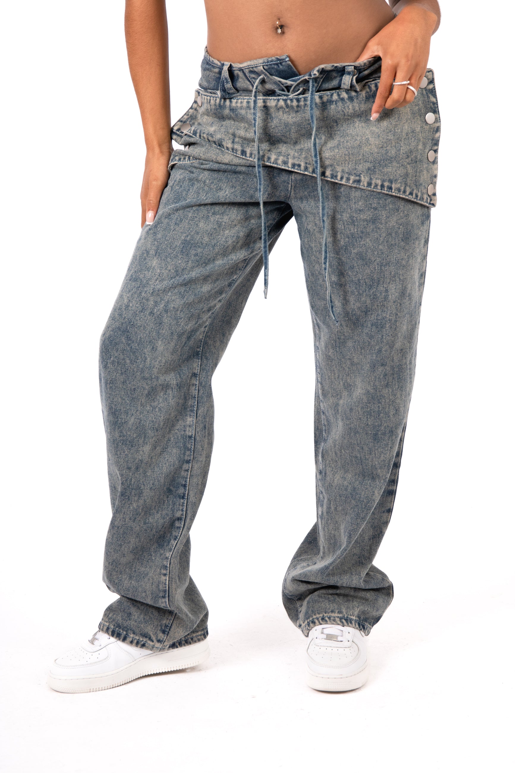 Stonewash Tie Front & Wrap Belted Front Straight Leg Jeans