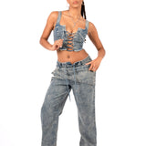 Stonewash Denim Lace Up Corset Crop Top