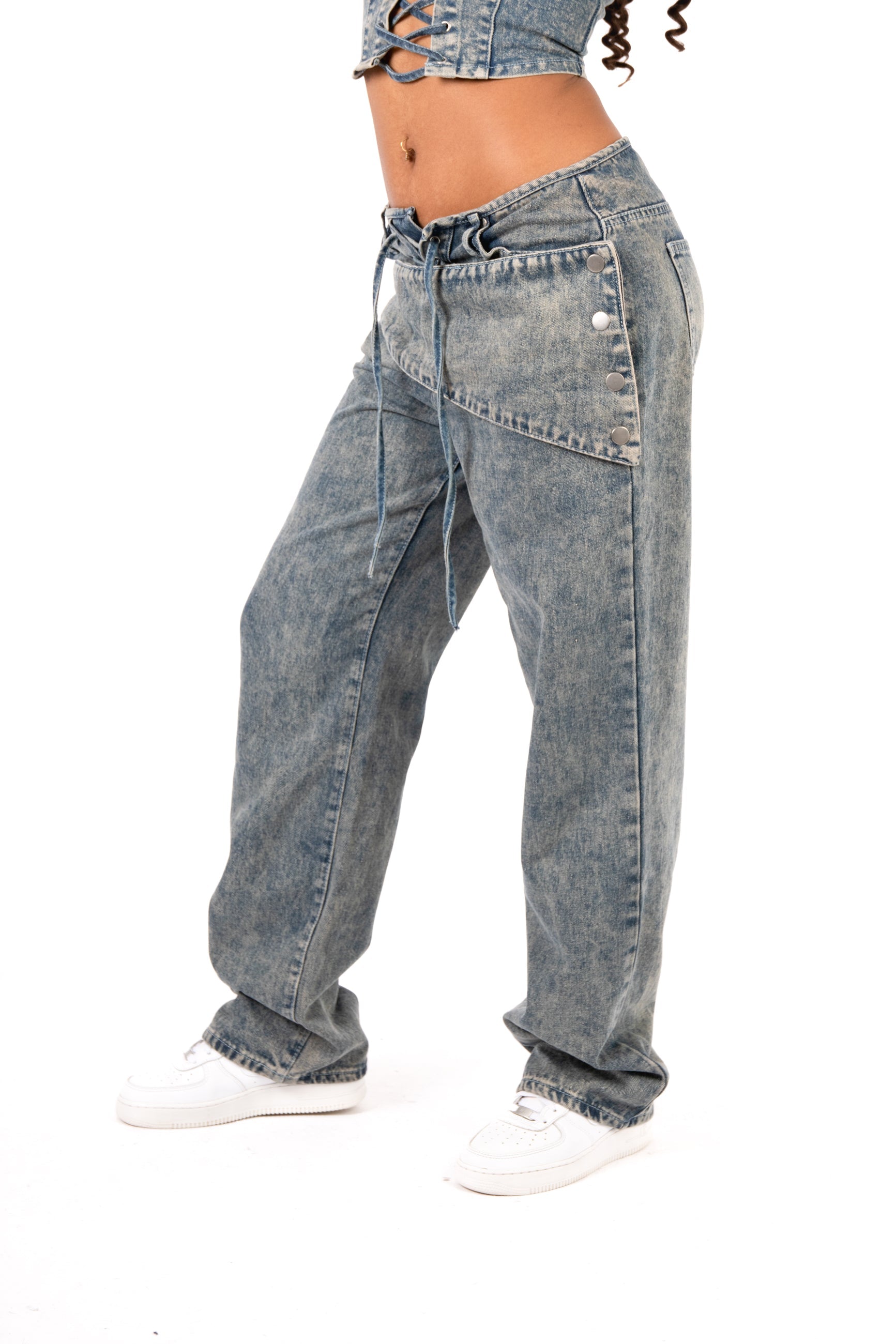 Stonewash Tie Front & Wrap Belted Front Straight Leg Jeans