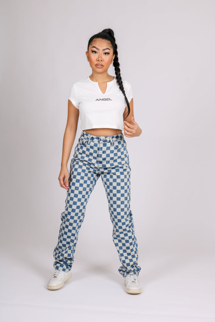 Denim Wide Leg Checkered Jean