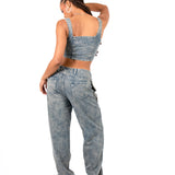 Stonewash Tie Front & Wrap Belted Front Straight Leg Jeans