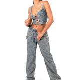 Stonewash Tie Front & Wrap Belted Front Straight Leg Jeans