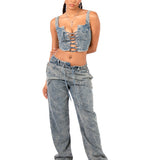 Stonewash Denim Lace Up Corset Crop Top