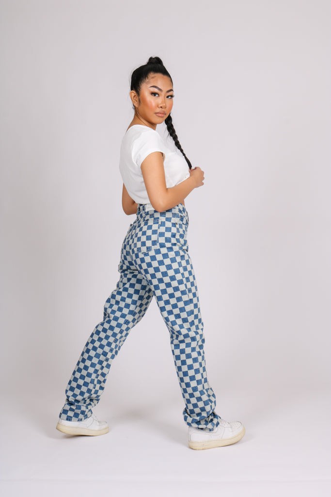 Denim Wide Leg Checkered Jean