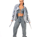 Stonewash Tie Front & Wrap Belted Front Straight Leg Jeans