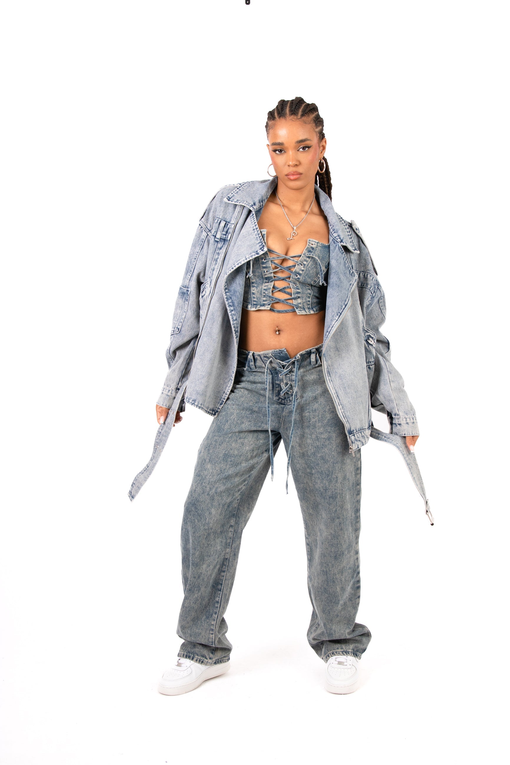 Stonewash Tie Front & Wrap Belted Front Straight Leg Jeans