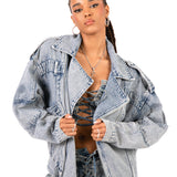 Oversized Acid Wash Blue Denim Biker Jacket