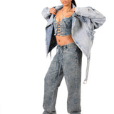 Oversized Acid Wash Blue Denim Biker Jacket