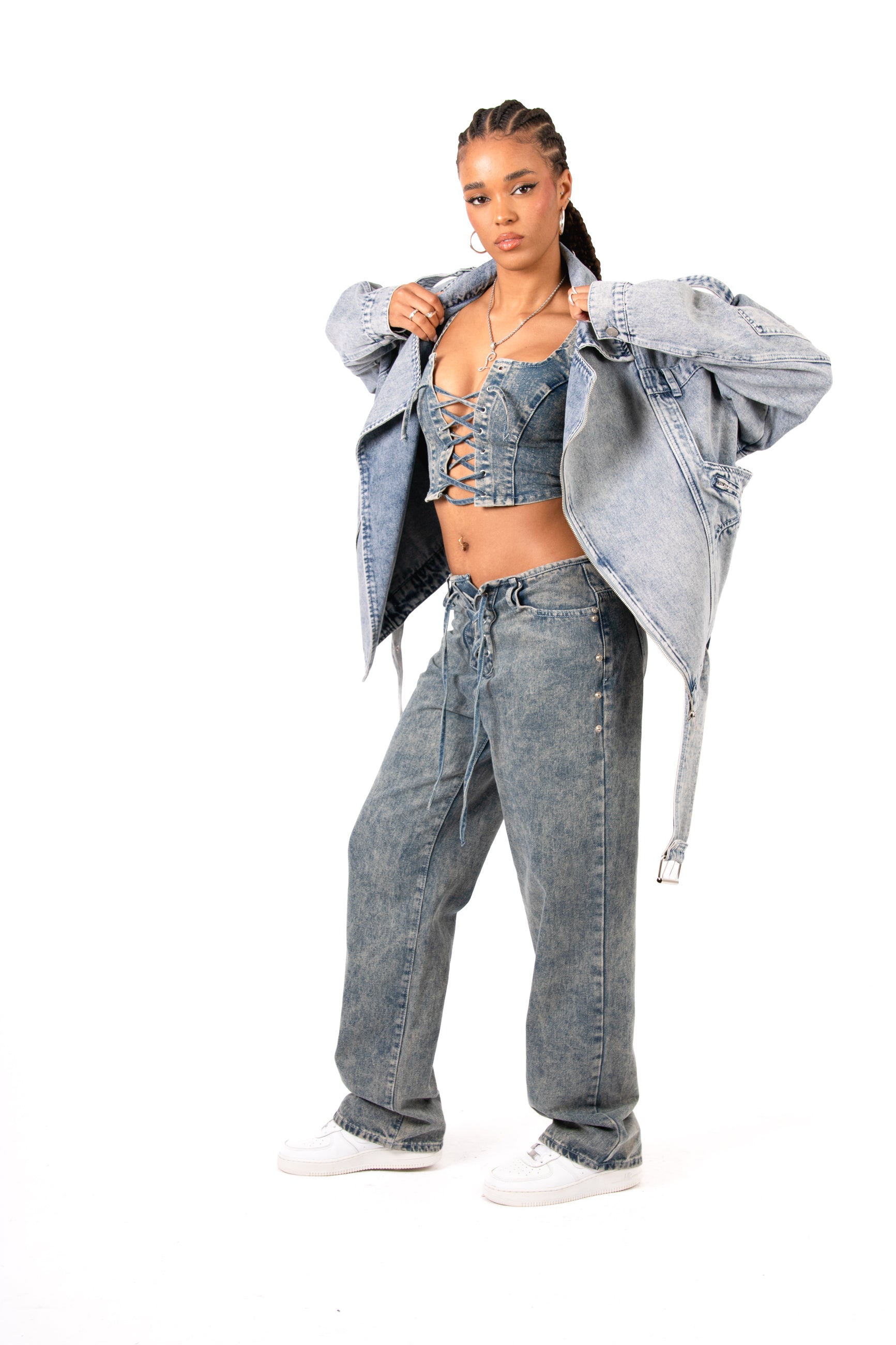 Oversized Acid Wash Blue Denim Biker Jacket