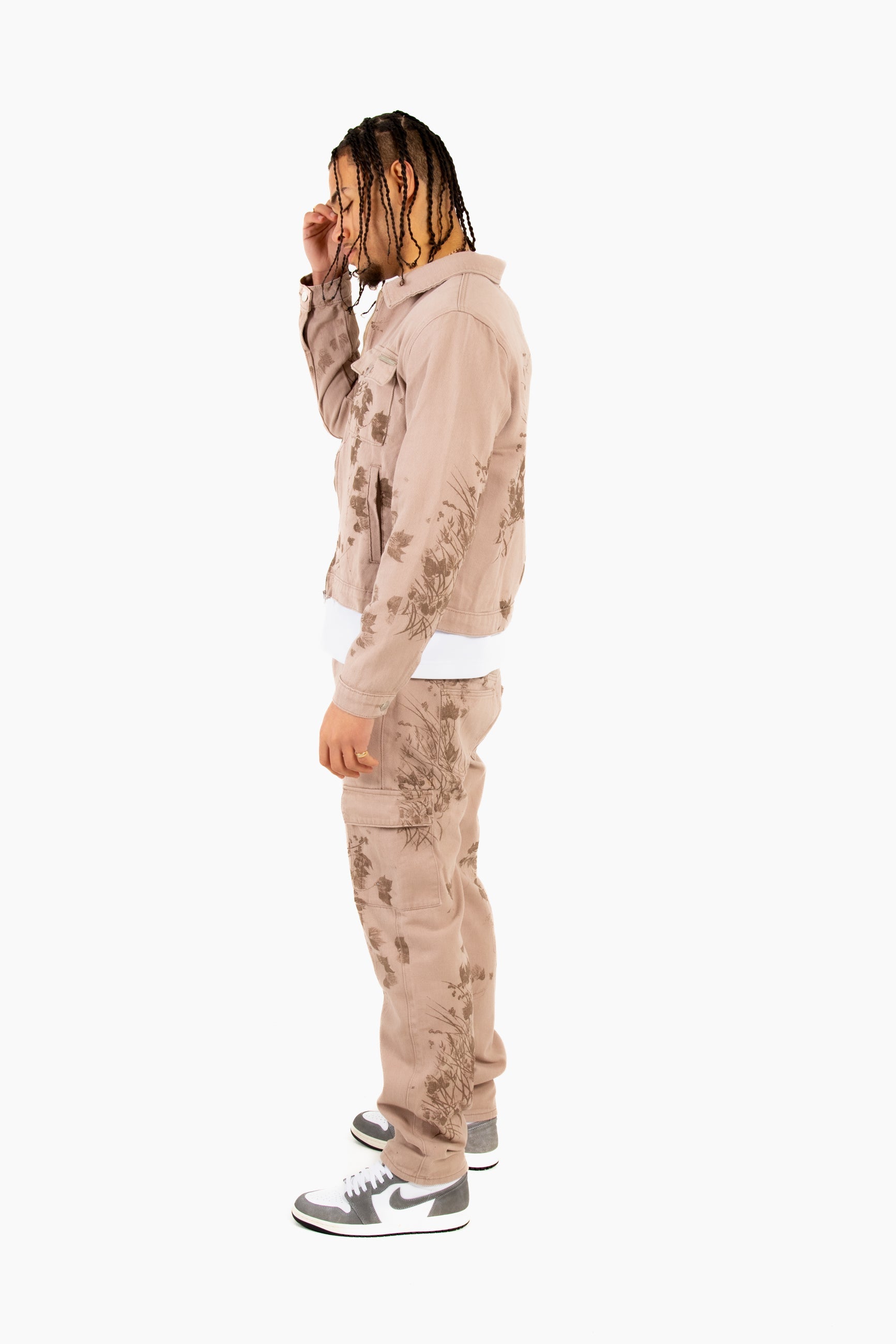 Sand & Brown Floral Twill Relaxed Cargo Jeans