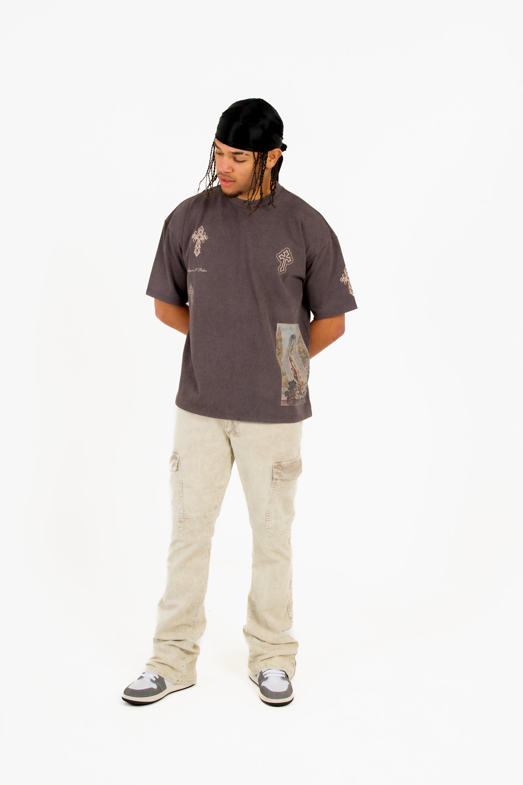 Premium Oversized Washed Brown 'Eternal Paradise' Printed T-Shirt