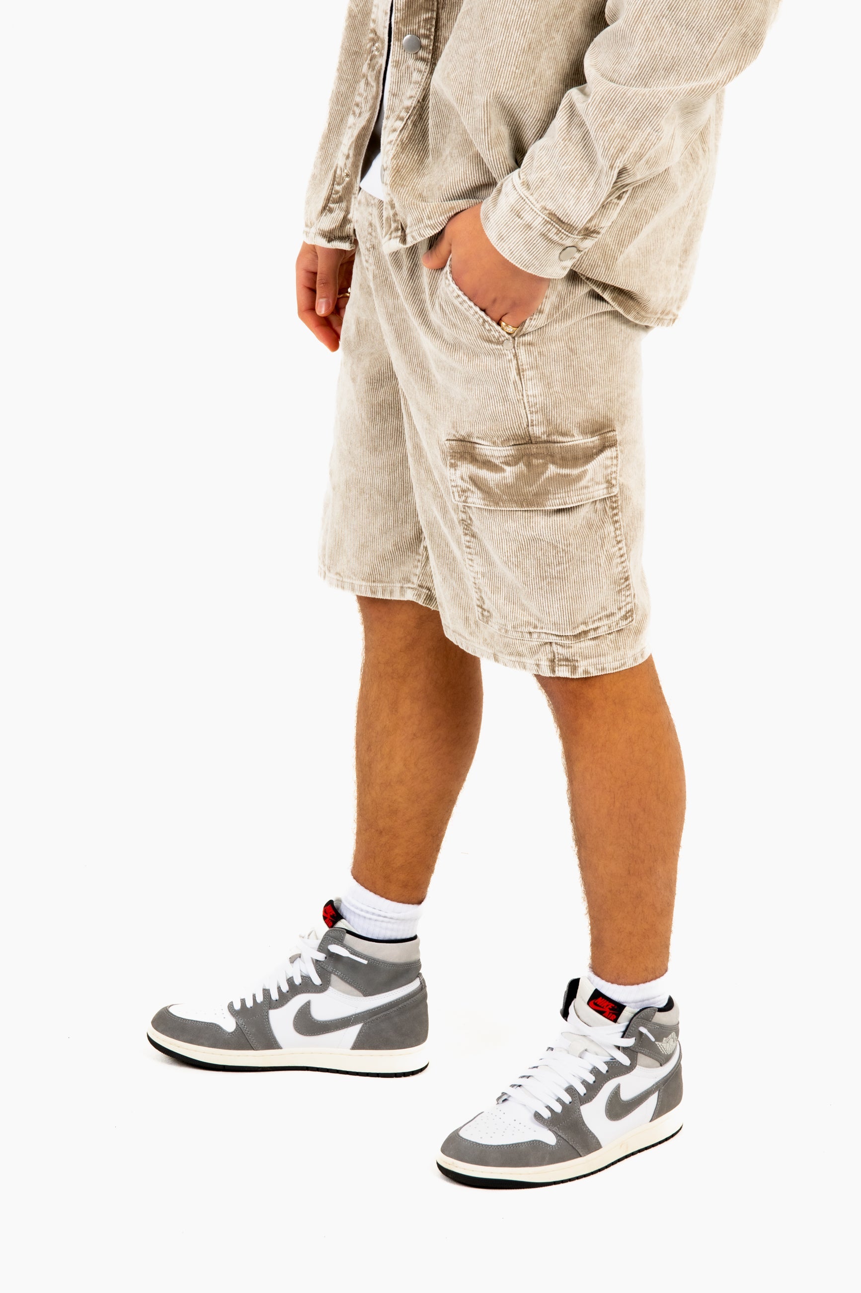 Acid Wash Beige Corduroy Cargo Shorts