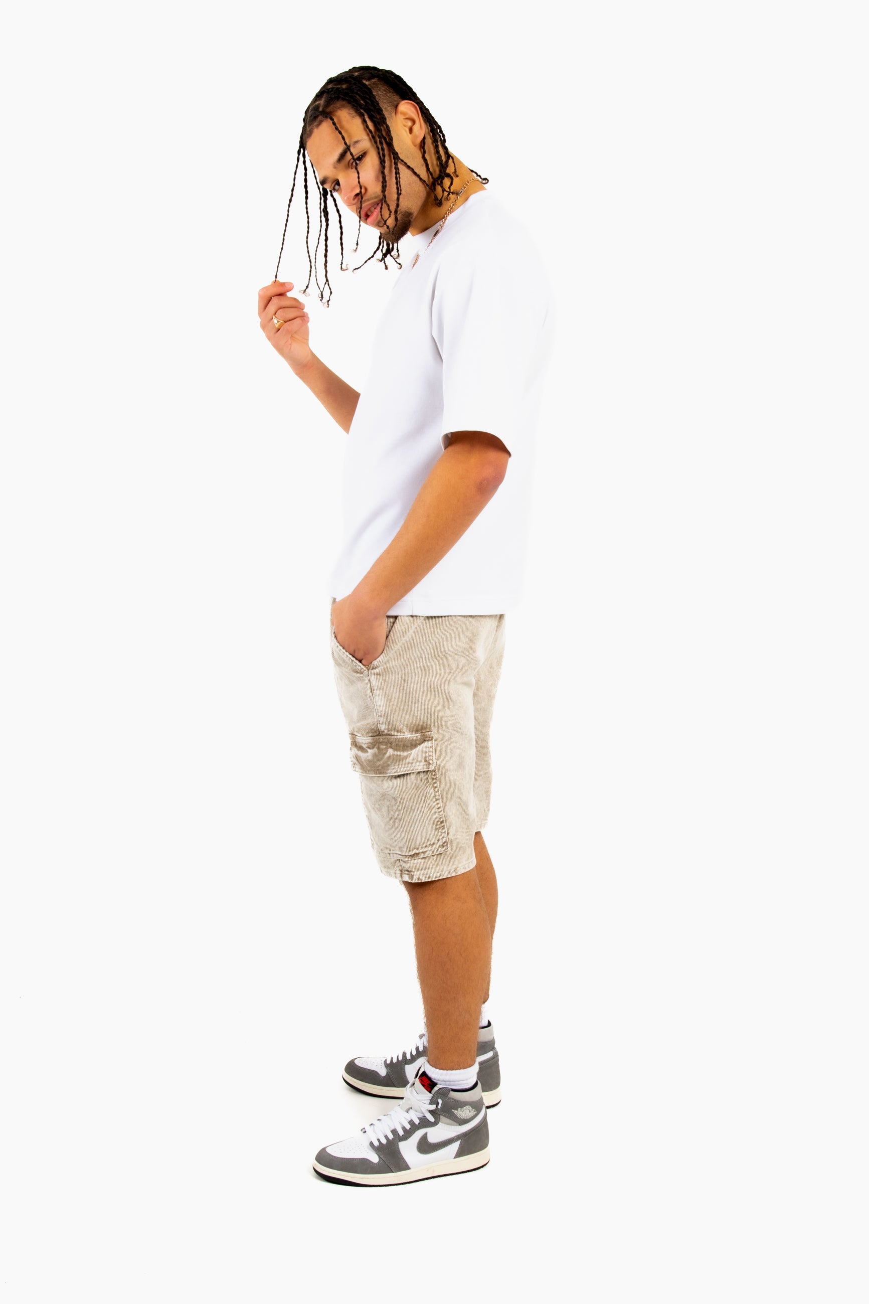 Acid Wash Beige Corduroy Cargo Shorts