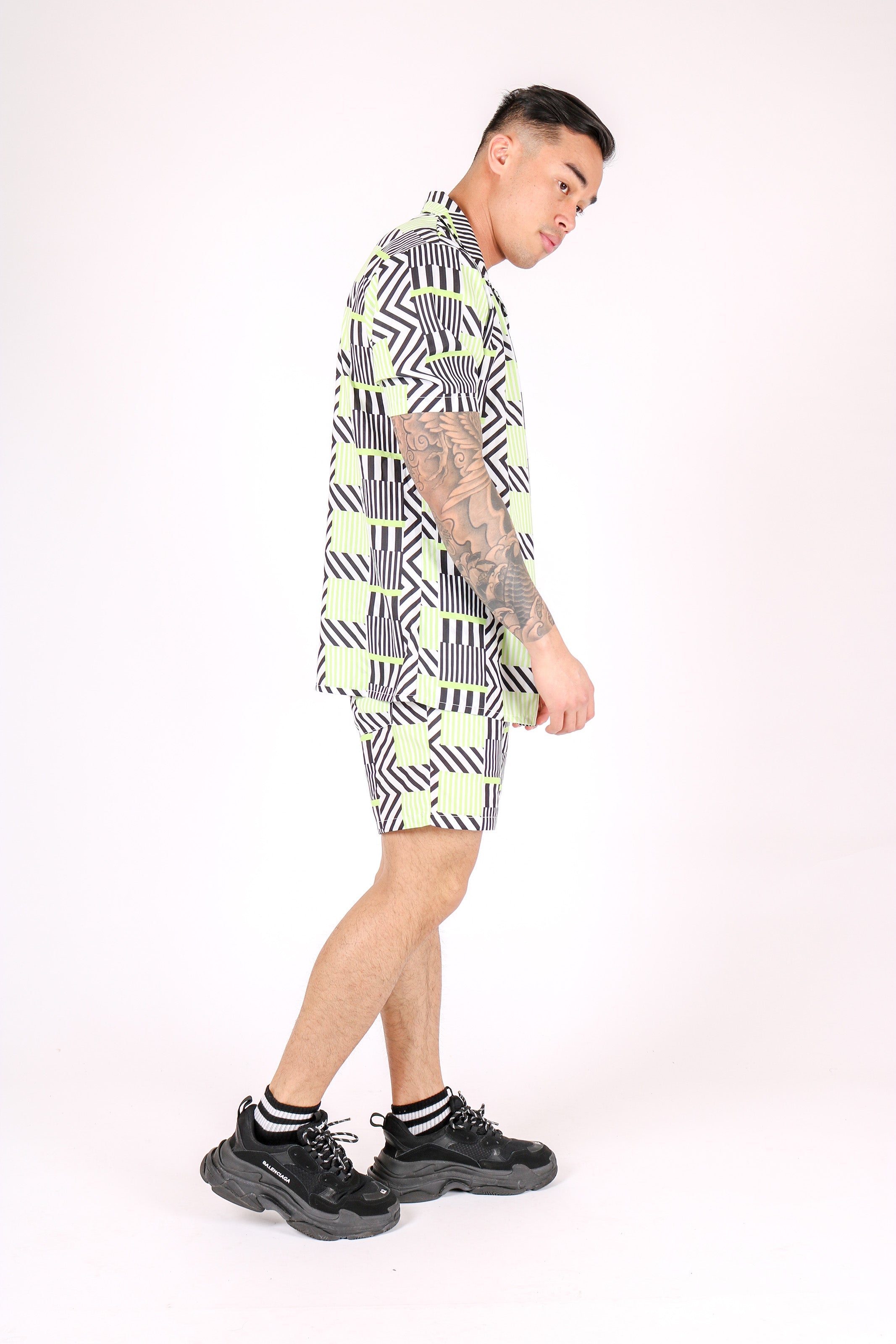 Revere Collar Shirt In Geometric Lime Print