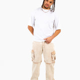 Washed Beige Baggy Cargo Trouser Detachable Zip-Off Shorts