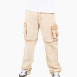 Washed Beige Baggy Cargo Trouser Detachable Zip-Off Shorts