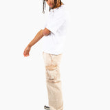 Washed Beige Baggy Cargo Trouser Detachable Zip-Off Shorts