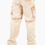 Washed Beige Baggy Cargo Trouser Detachable Zip-Off Shorts