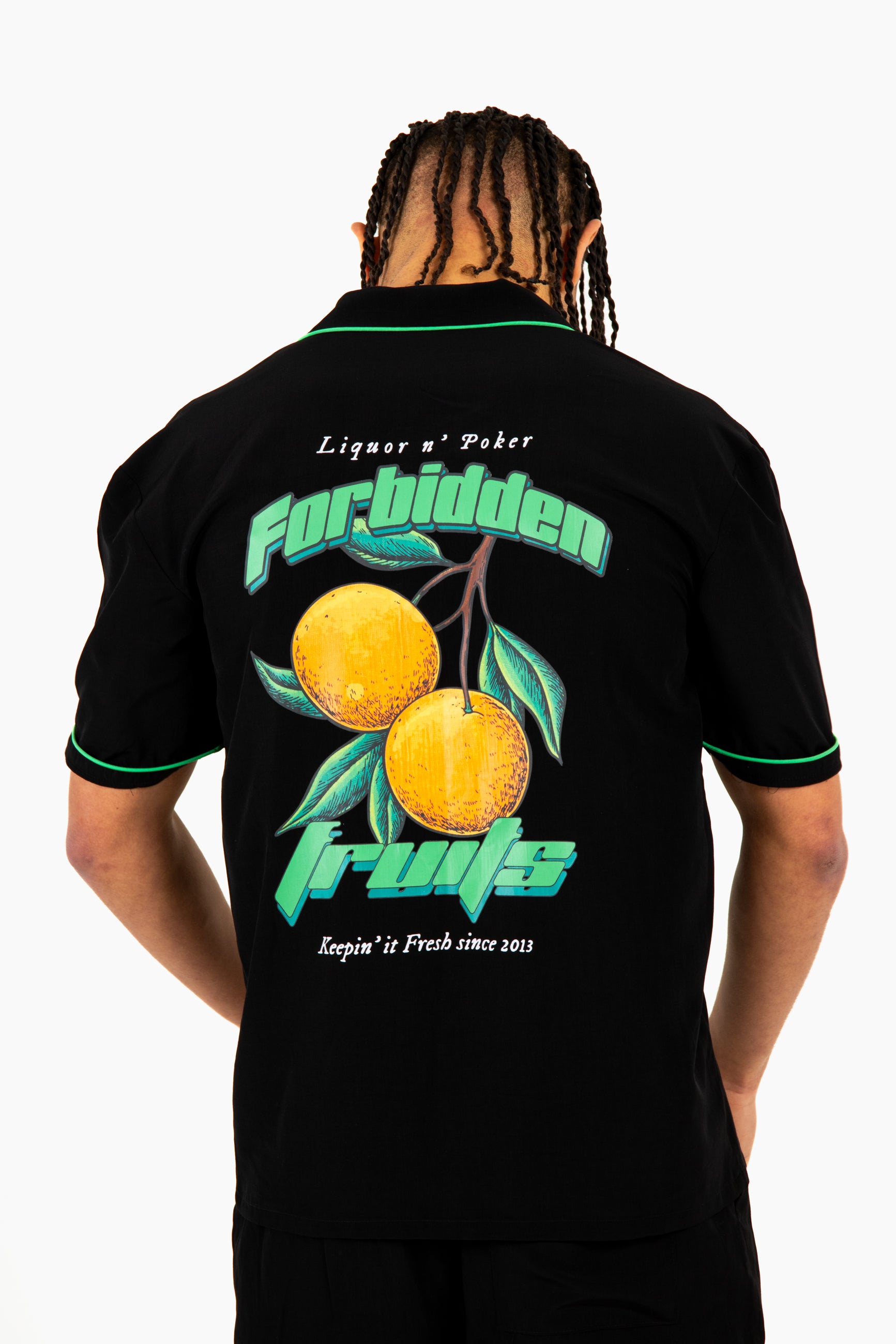 'Forbidden Fruits' Back Printed Revere Collar Black Shirt