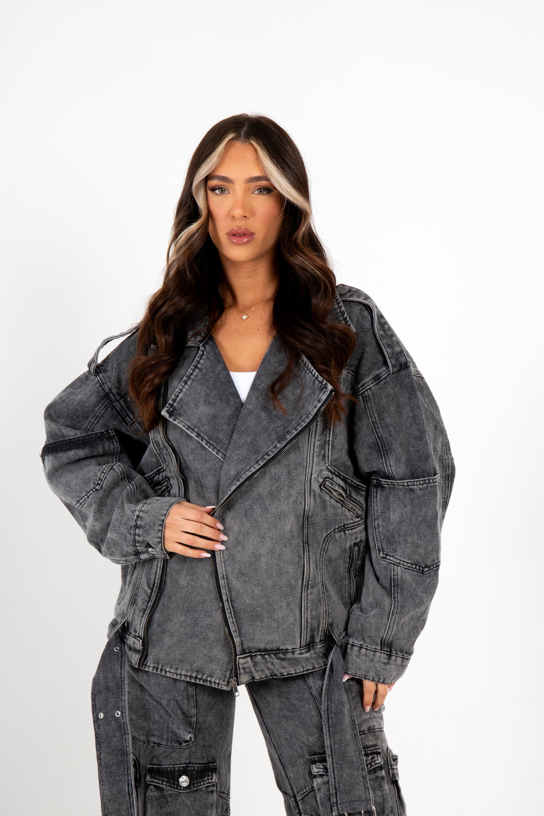 Oversized Acid Wash Black Denim Biker Jacket 6