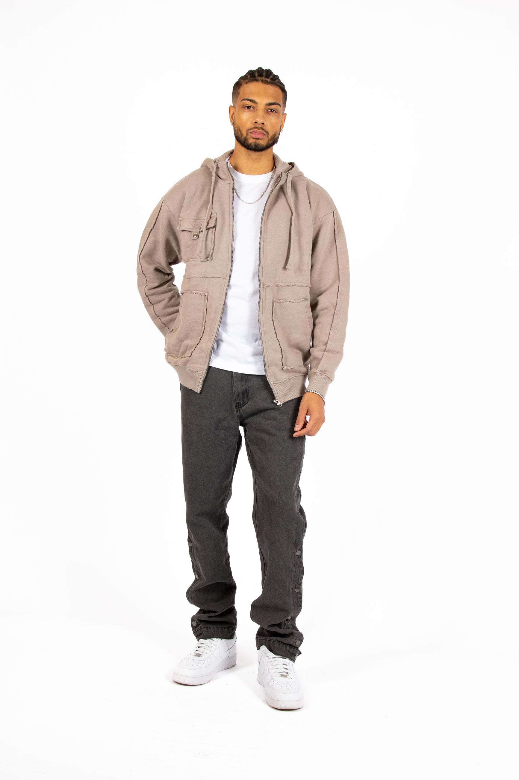 Stone Grey Utility Frayed Seams Hoodie