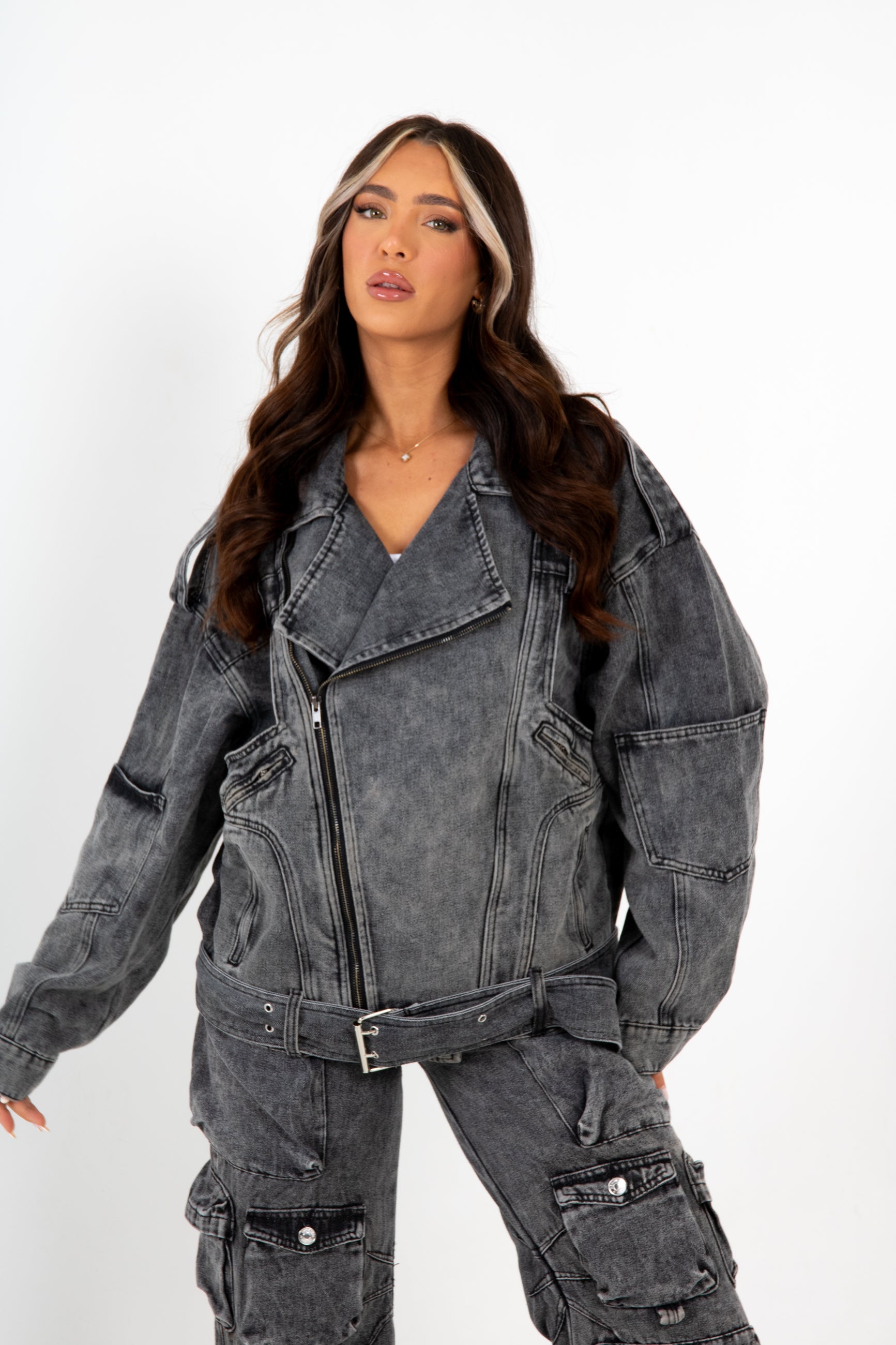 Oversized Acid Wash Black Denim Biker Jacket