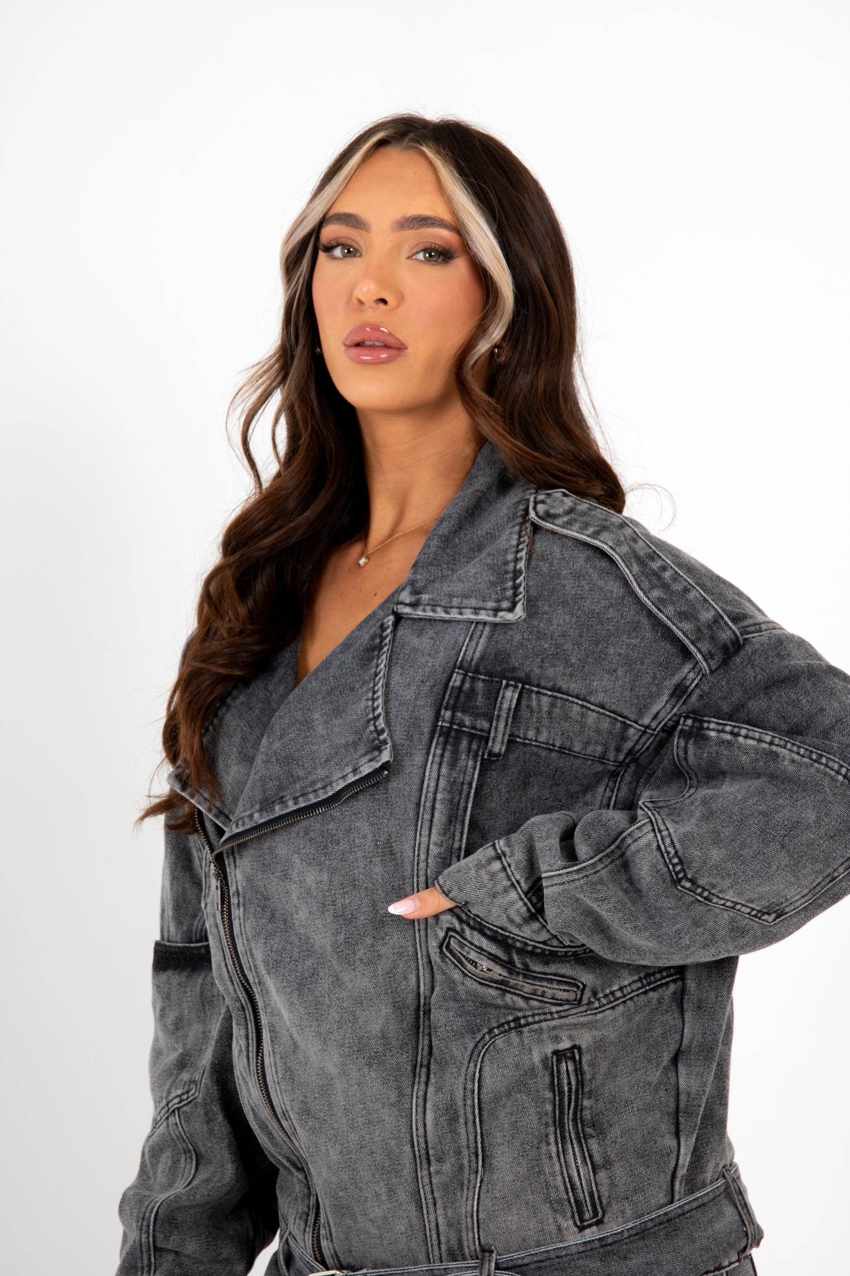 Oversized Acid Wash Black Denim Biker Jacket