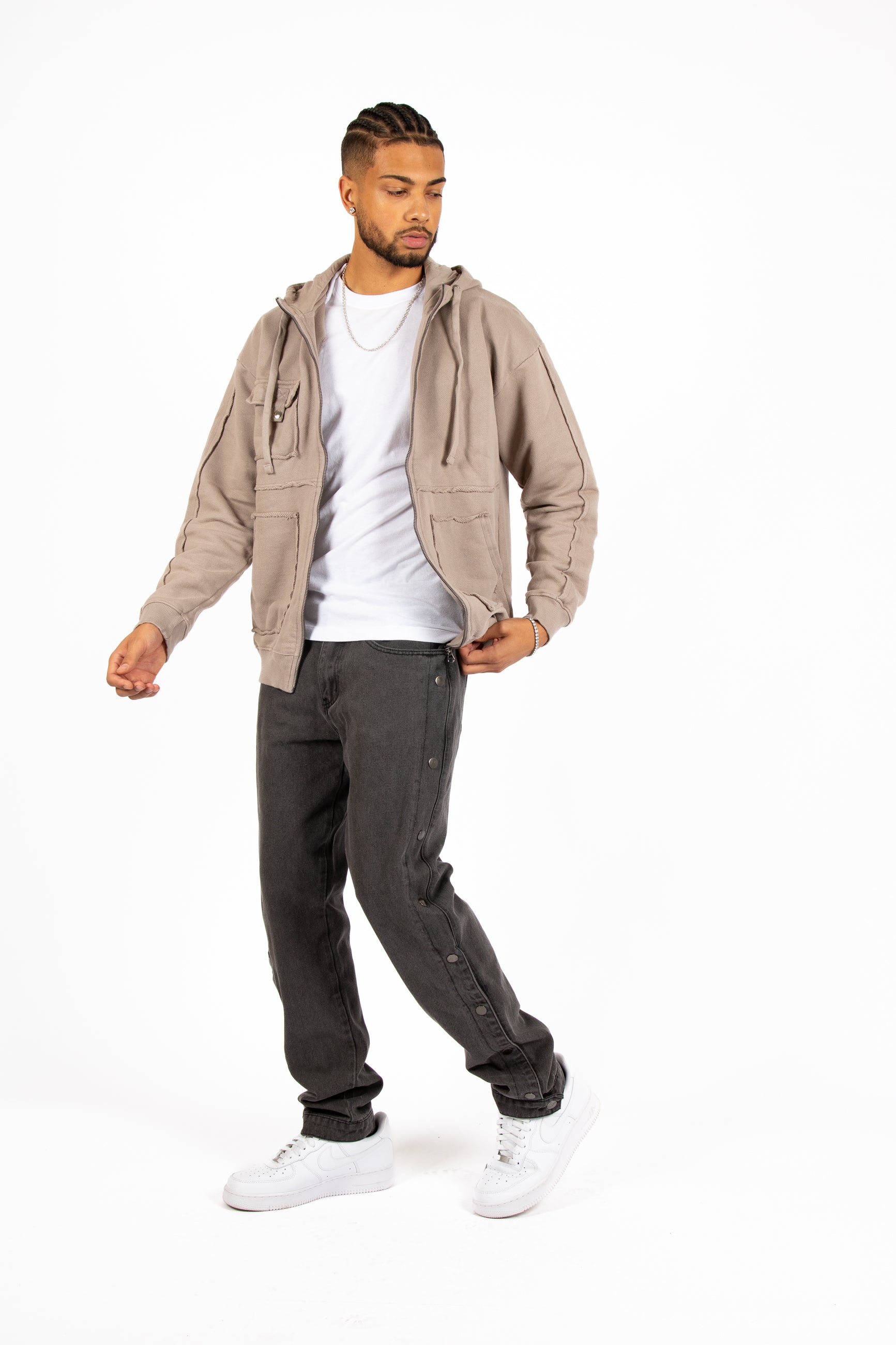 Stone Grey Utility Frayed Seams Hoodie