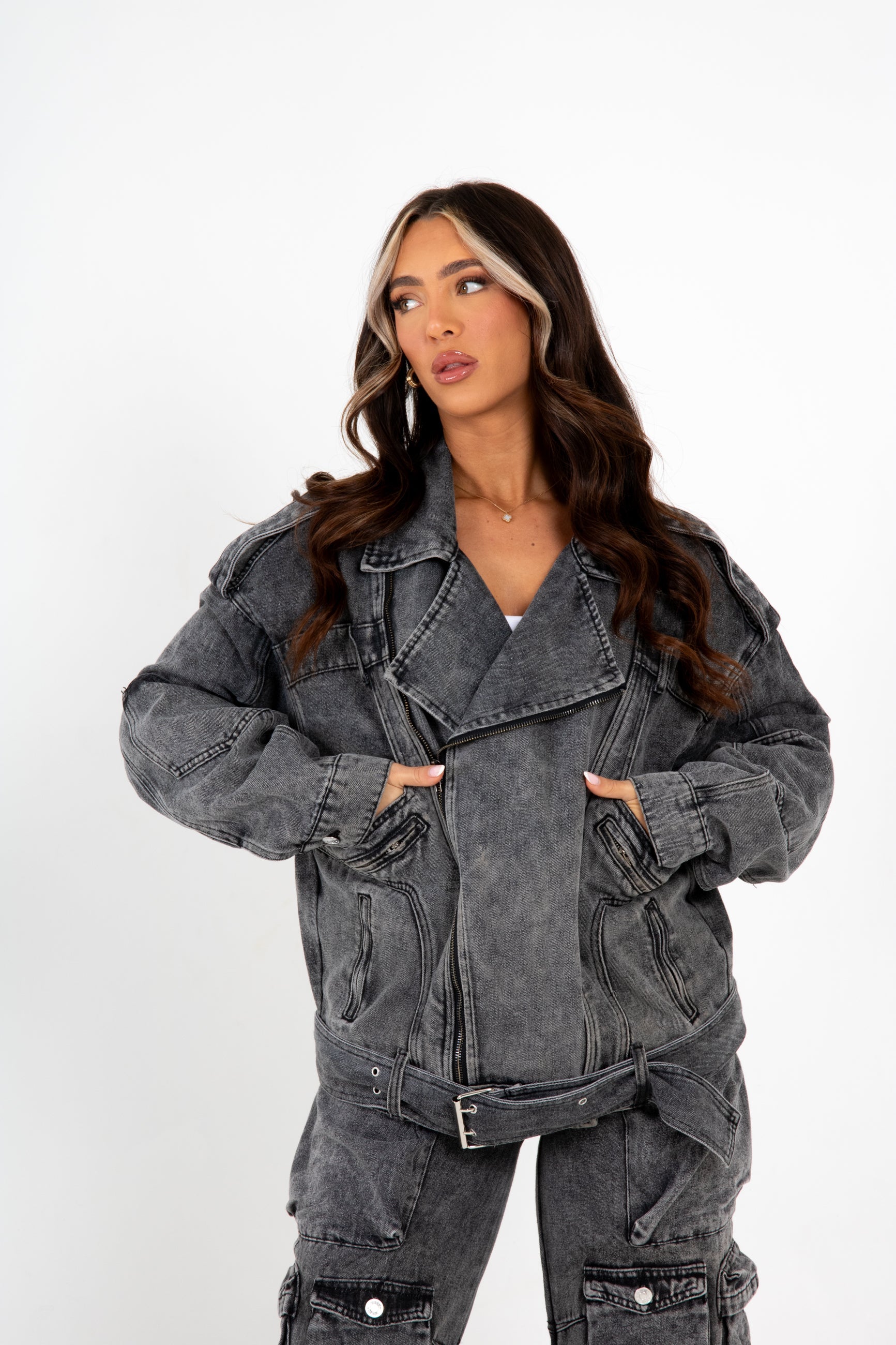 Oversized Acid Wash Black Denim Biker Jacket