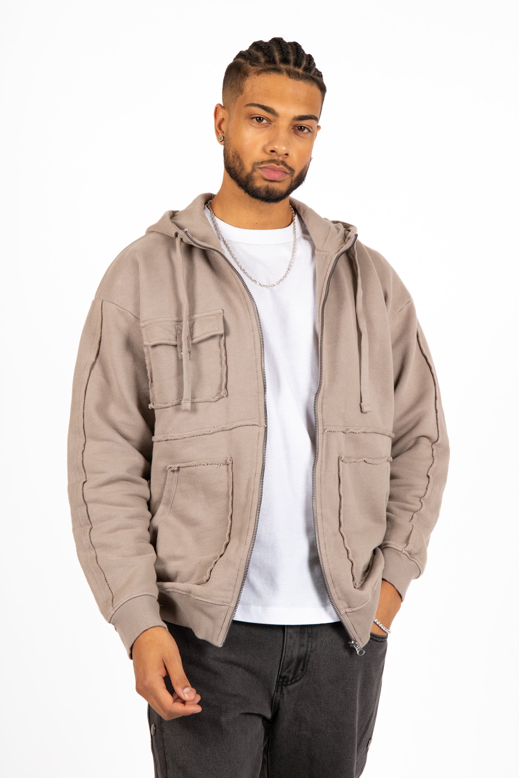 Stone Grey Utility Frayed Seams Hoodie