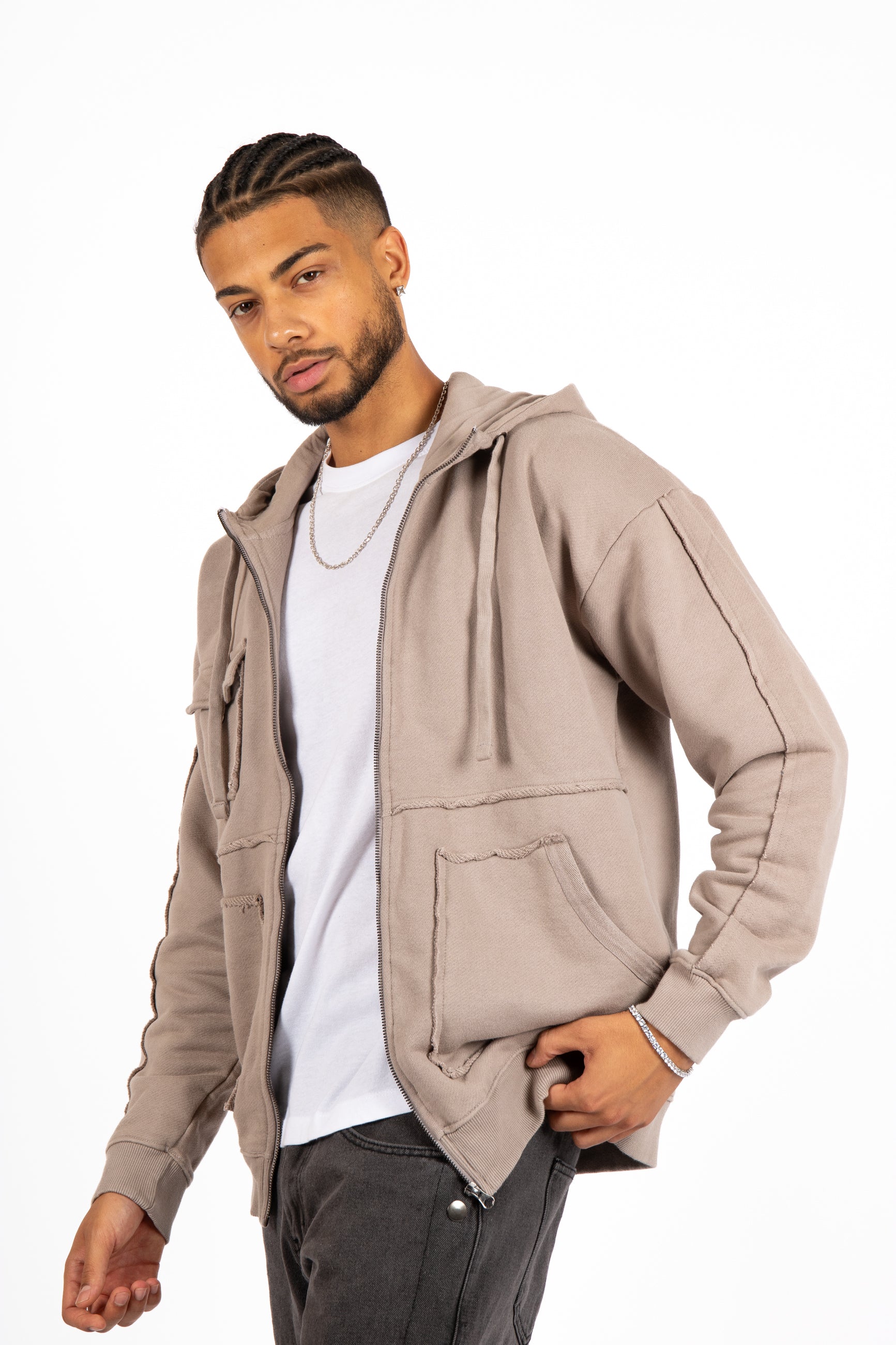 Stone Grey Utility Frayed Seams Hoodie