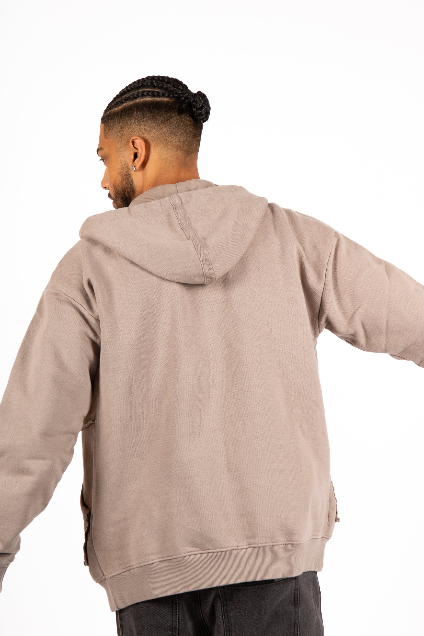 Stone Grey Utility Frayed Seams Hoodie