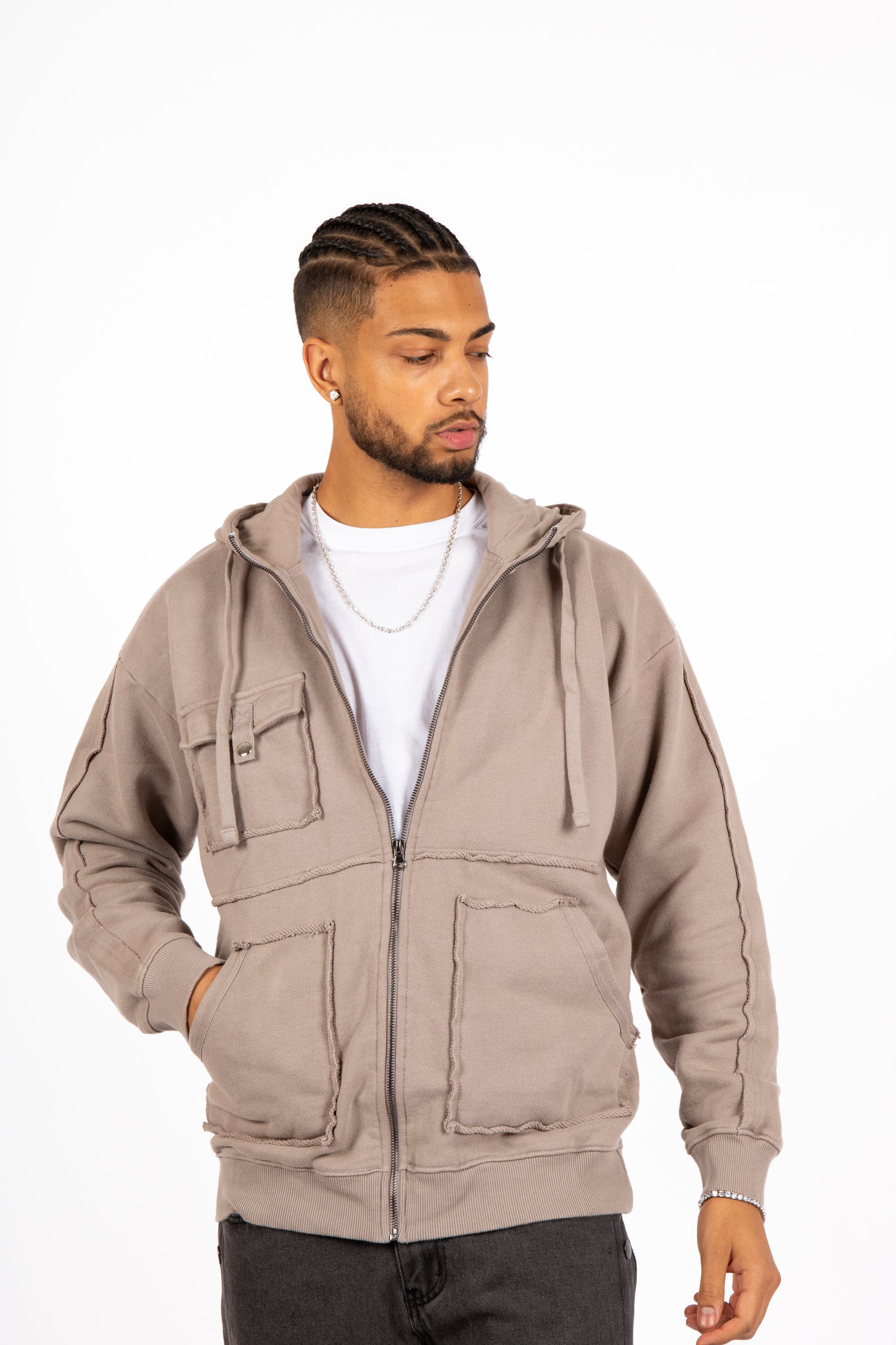 Stone Grey Utility Frayed Seams Hoodie