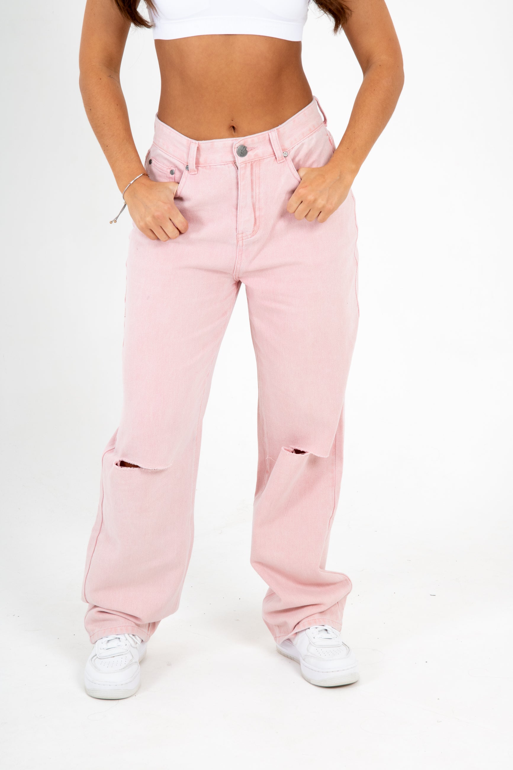 Pink Mid-Rise Boyfriend Fit Jean With Knee Slit