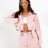 Cropped Pink Utility Belted Denim Jacket