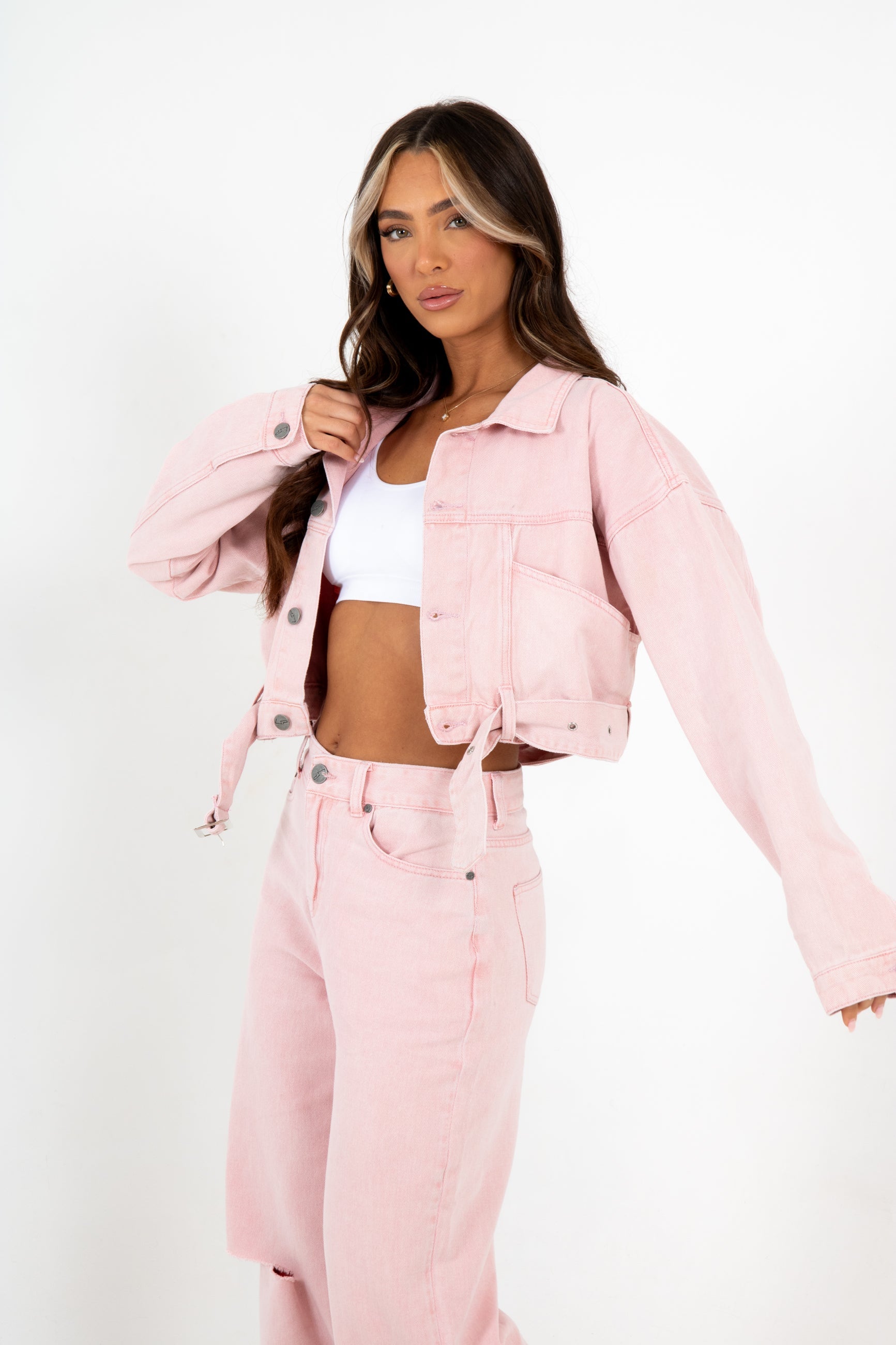 Cropped Pink Utility Belted Denim Jacket