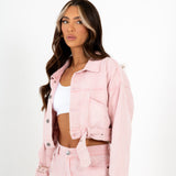 Cropped Pink Utility Belted Denim Jacket