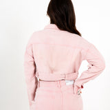 Cropped Pink Utility Belted Denim Jacket