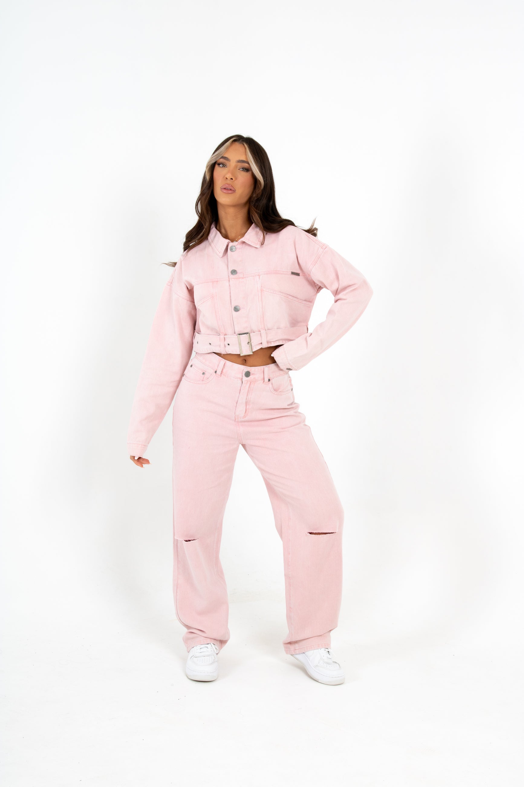 Cropped Pink Utility Belted Denim Jacket