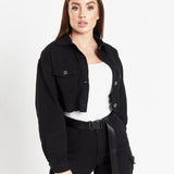 Milton Cropped Denim Jacket In Black Denim