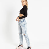 Ice-wash Ripped Knee Mom Jeans