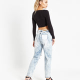 Ice-wash Ripped Knee Mom Jeans