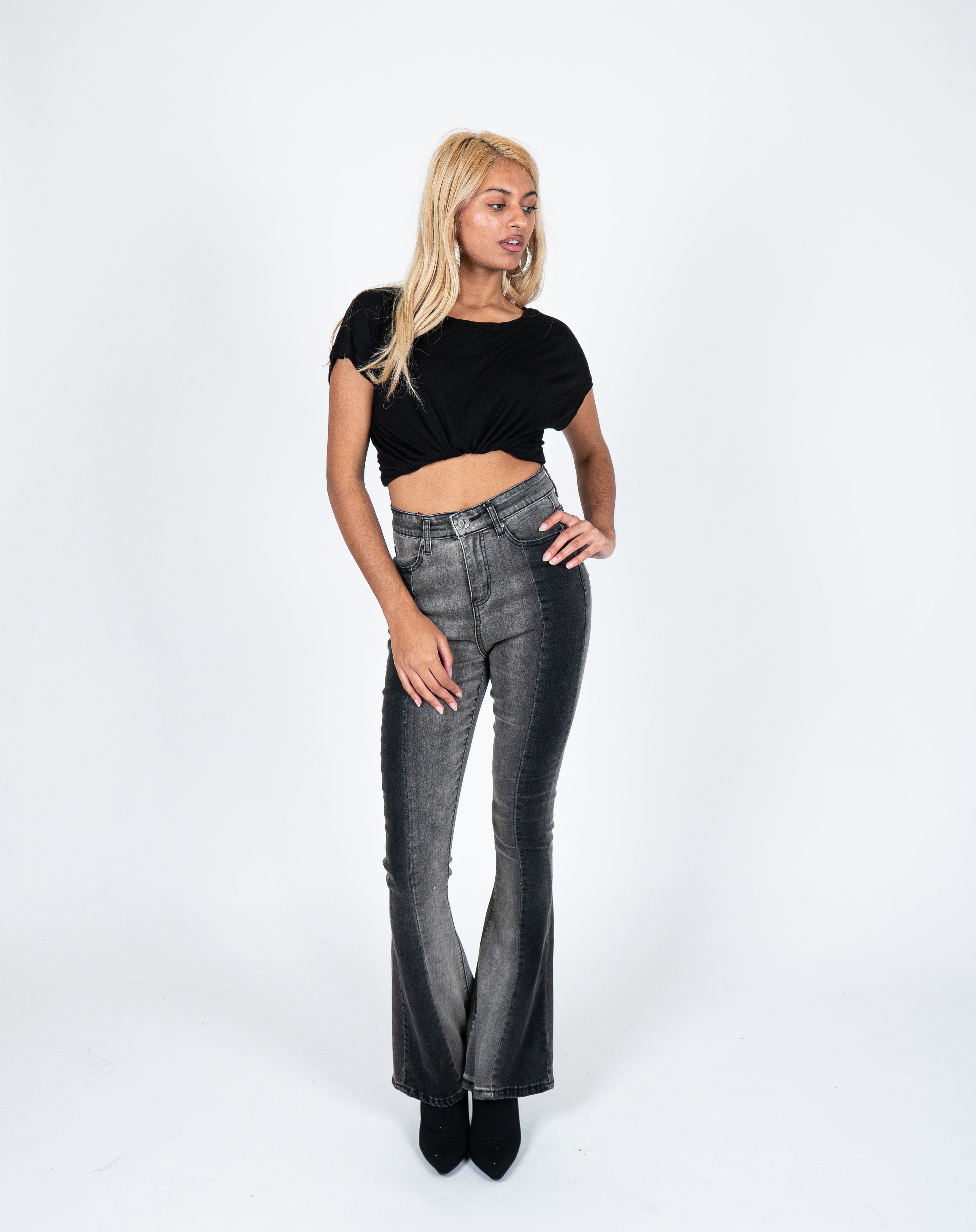 High Rise Skinny Two Tone Denim Flare In Washed Black