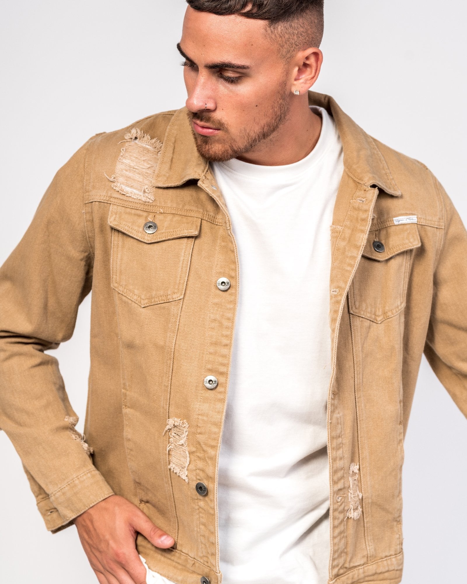 Oversized Tan Distressed Denim Jacket