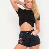 Texas High Rise Denim Shorts With Rose Applique And Studs